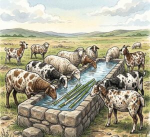 Striped wooden rods placed in stone watering troughs with sheep drinking nearby.