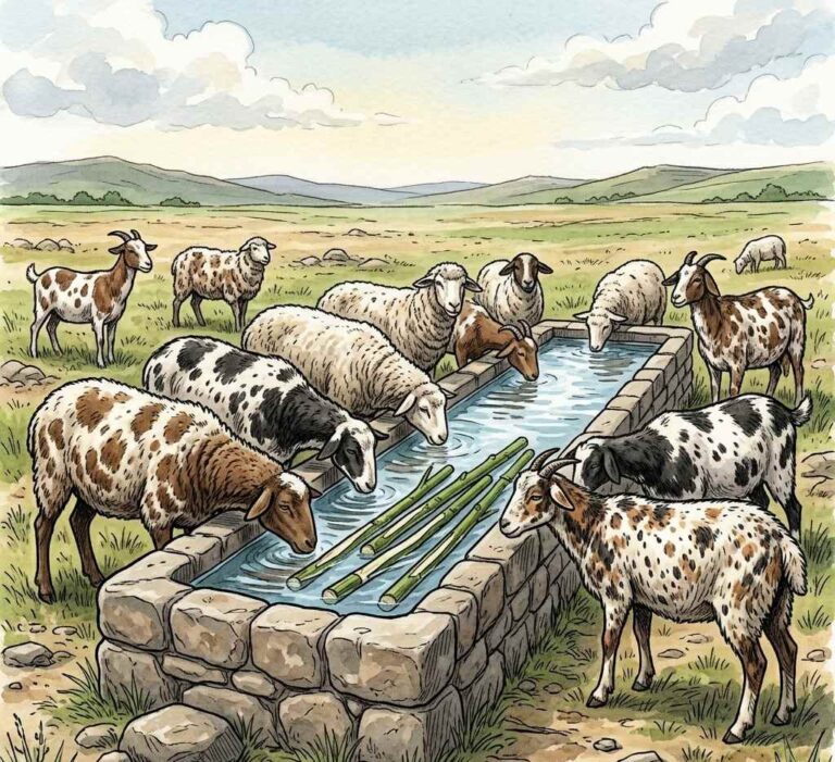 Striped wooden rods placed in stone watering troughs with sheep drinking nearby.