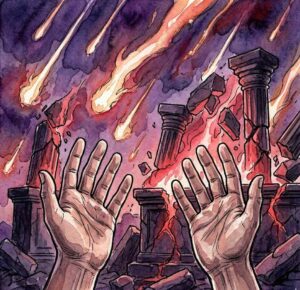 Man in authoritative stance as dark figures scatter in flames.