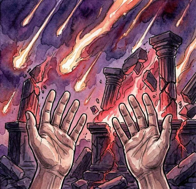 Man in authoritative stance as dark figures scatter in flames.