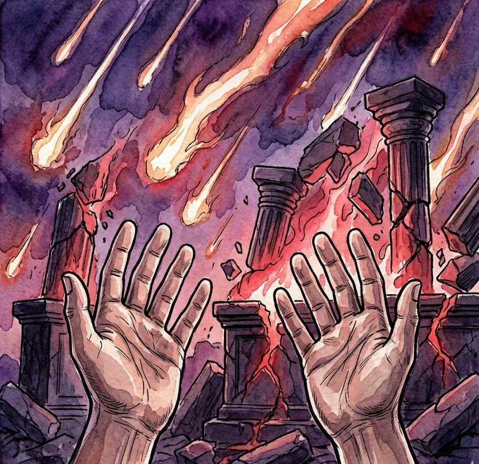 Man in authoritative stance as dark figures scatter in flames.