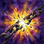 Iron chains snapping apart as brilliant light bursts through.