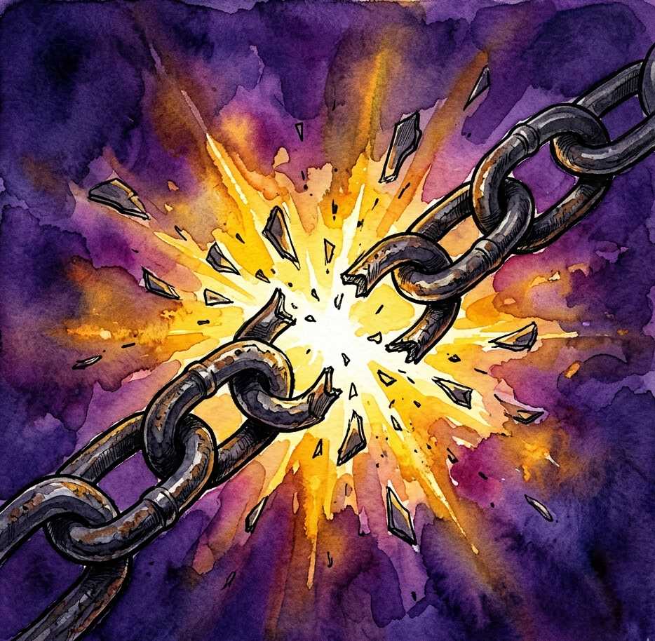 Iron chains snapping apart as brilliant light bursts through.