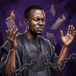 Nigerian man in agbada praying as covenant scrolls burn and chains break.