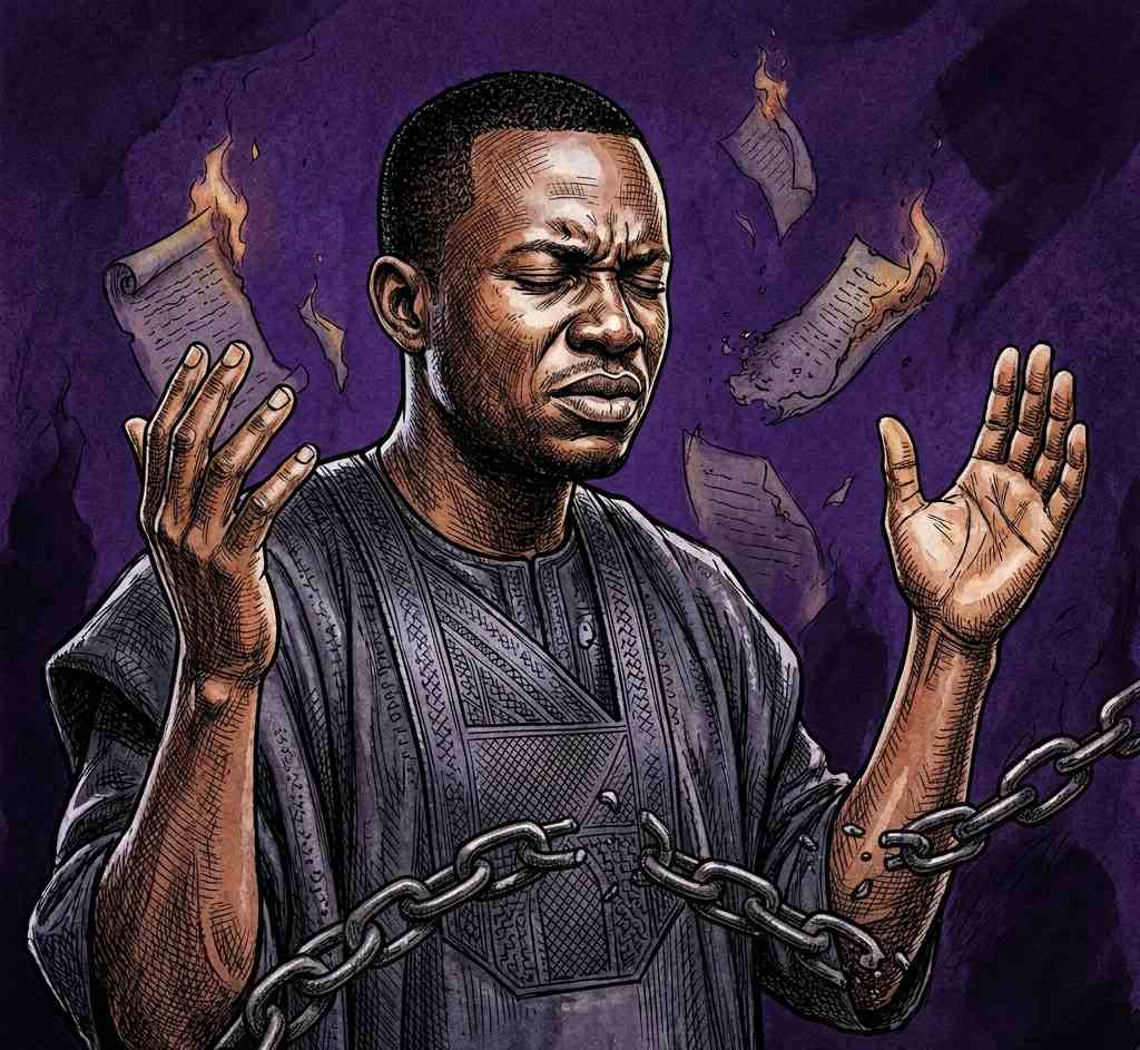 Nigerian man in agbada praying as covenant scrolls burn and chains break.