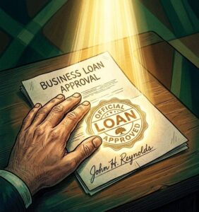 Business documents with approval stamp visible under golden light.