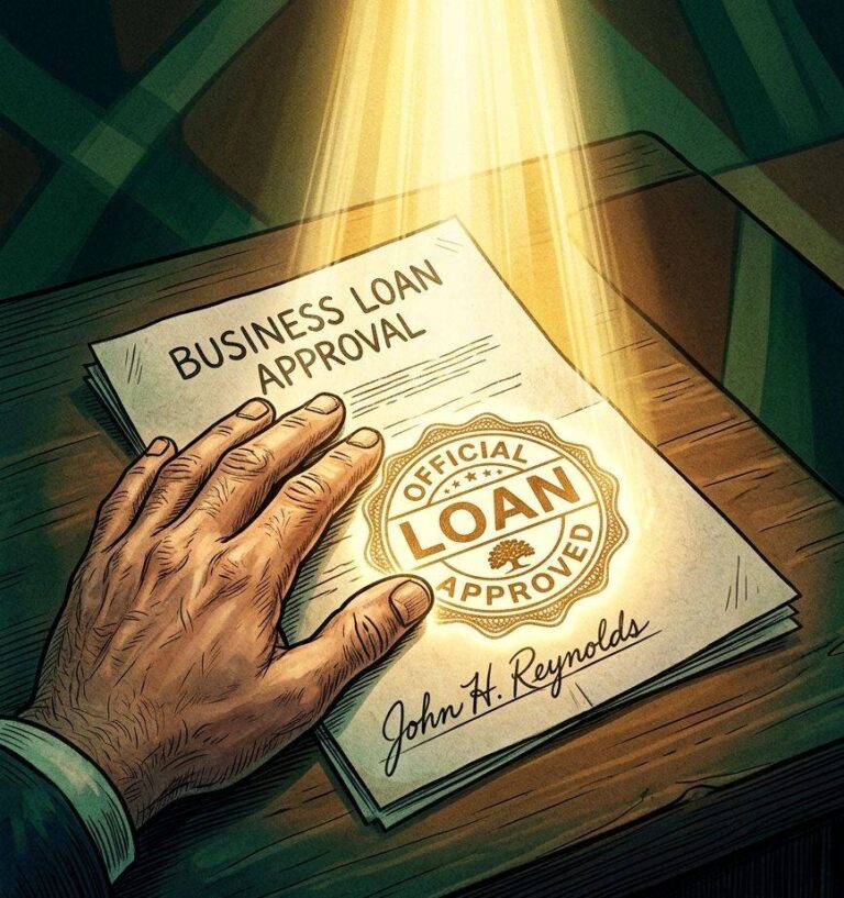 Business documents with approval stamp visible under golden light.