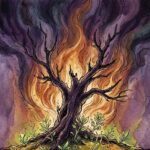A withered tree bursting into flame as fresh green shoots emerge from the ground.