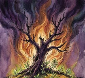 A withered tree bursting into flame as fresh green shoots emerge from the ground.