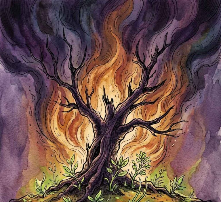 A withered tree bursting into flame as fresh green shoots emerge from the ground.
