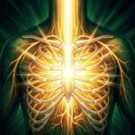 A human torso illuminated by brilliant golden healing light from above.