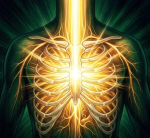 A human torso illuminated by brilliant golden healing light from above.