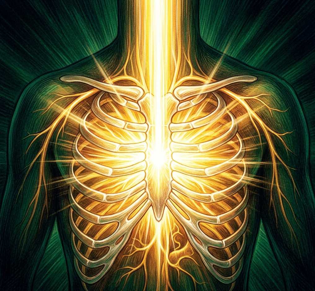 A human torso illuminated by brilliant golden healing light from above.
