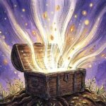 An open, ancient wooden treasure chest on the ground with brilliant white and gold light bursting out into the sky.