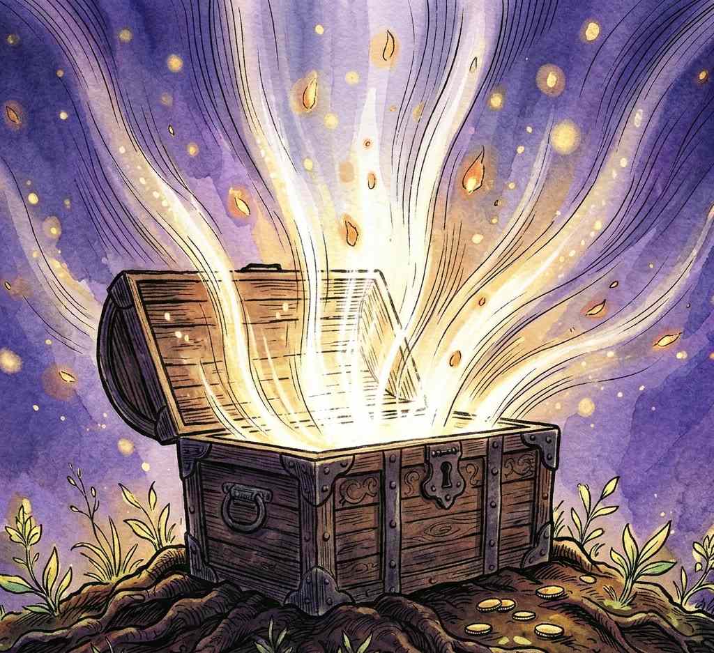 An open, ancient wooden treasure chest on the ground with brilliant white and gold light bursting out into the sky.