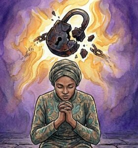 Woman in prayer as dark padlock shatters into pieces.