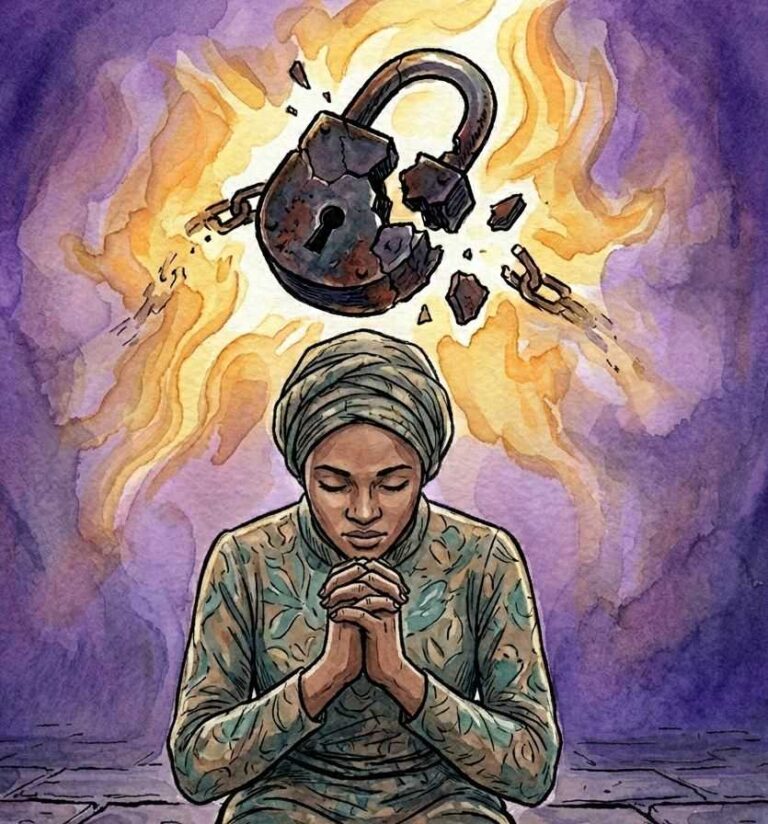 Woman in prayer as dark padlock shatters into pieces.