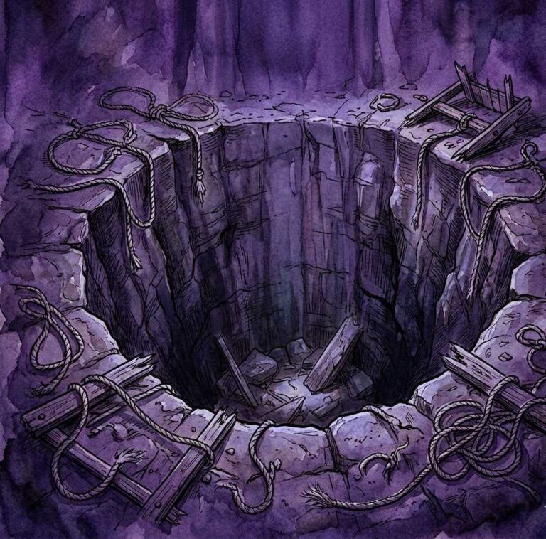 A dark pit with broken snares around it as light streams from above.