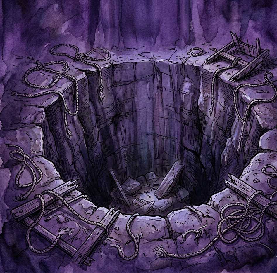 A dark pit with broken snares around it as light streams from above.