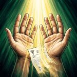 Hands open receiving light with a medical report fading away.