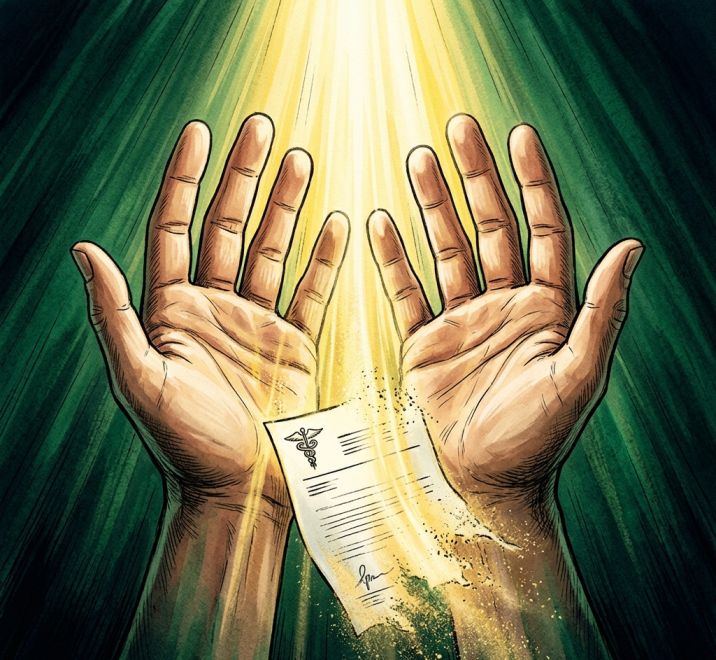 Hands open receiving light with a medical report fading away.