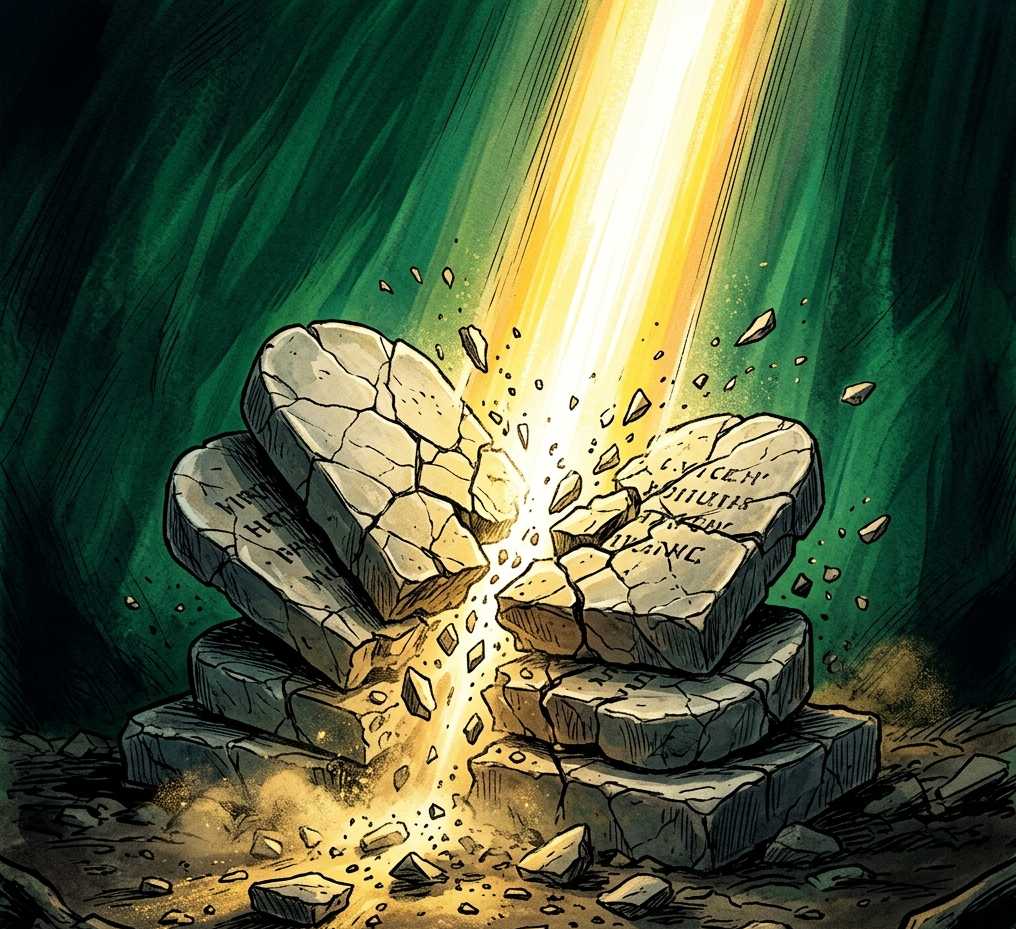 A clear path breaking through shattered dark barriers with golden light.