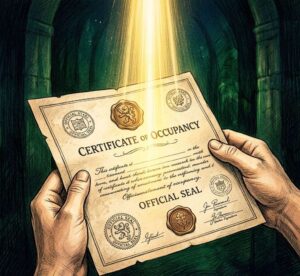 Hands holding a certificate of occupancy as golden light illuminates the document.