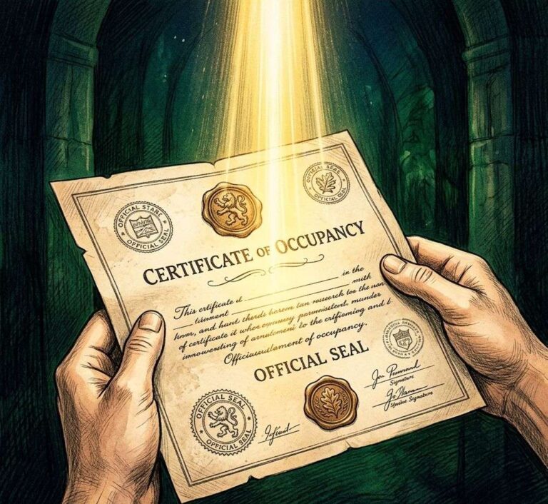 Hands holding a certificate of occupancy as golden light illuminates the document.