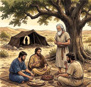 Three men eating under a great oak tree while an old man stands nearby.
