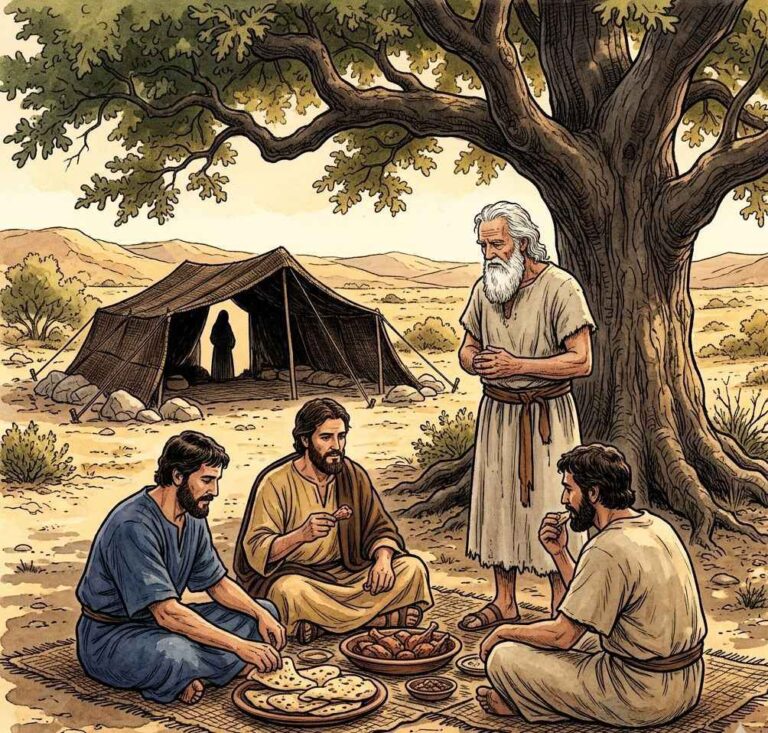 Three men eating under a great oak tree while an old man stands nearby.