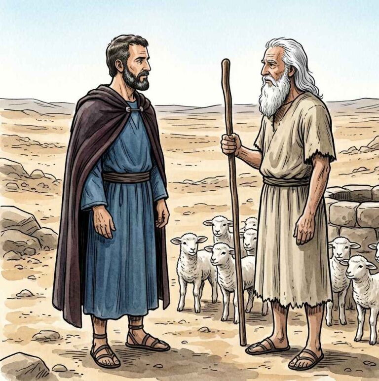 Two men making a covenant beside a desert well with sheep nearby.