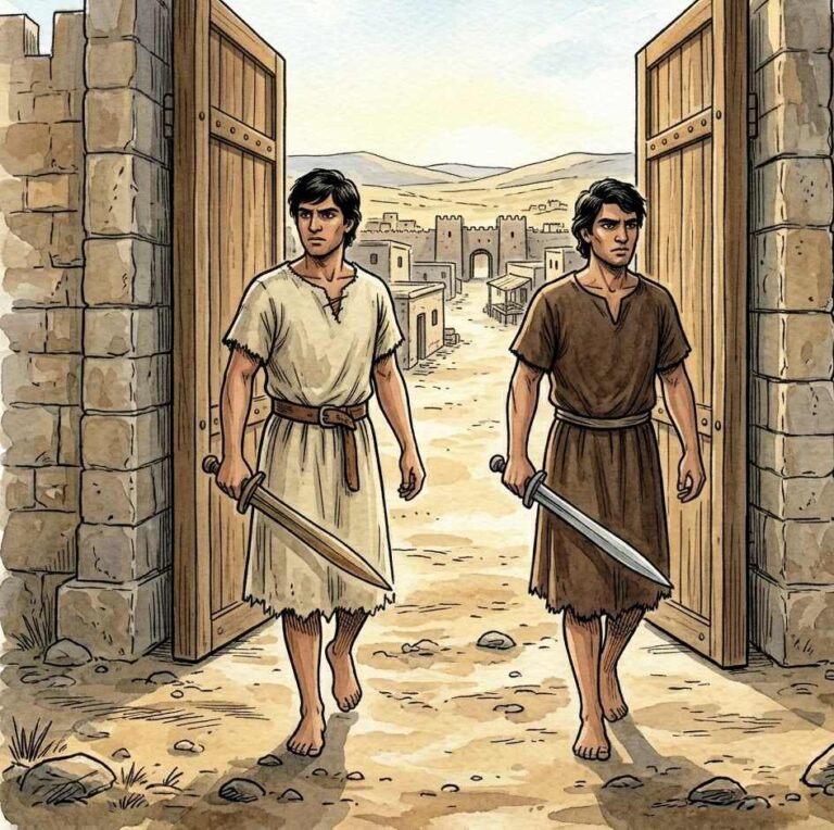 Two men with swords walking through the gates of an ancient city.