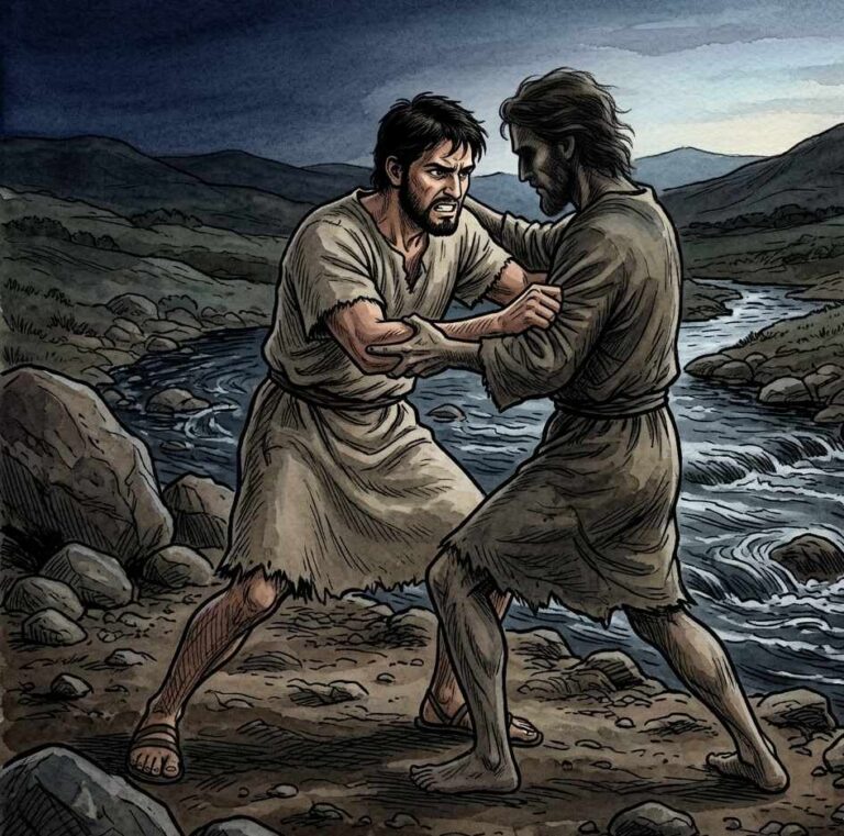 Two men wrestling in darkness beside a river with the first light of dawn breaking.