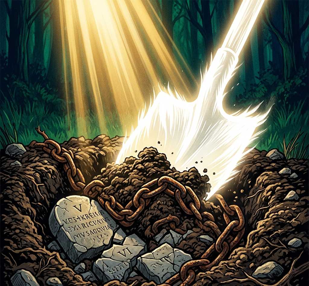 Shovel of light uncovering hidden objects in dark ground.