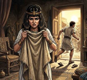 A woman clutching an empty cloak while a man flees through a doorway.