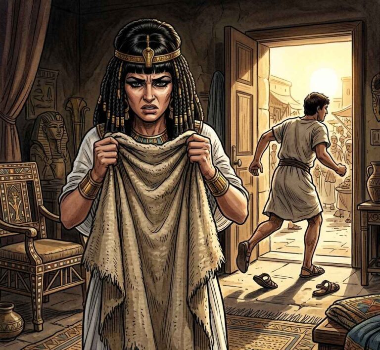 A woman clutching an empty cloak while a man flees through a doorway.