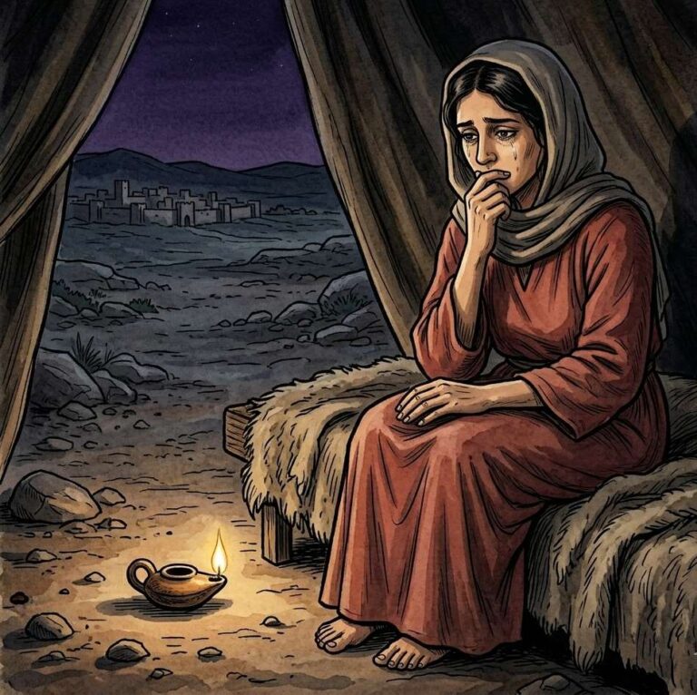 A woman with tender eyes sitting alone on a bed in a dim tent in the early morning.