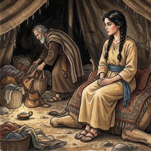 A woman seated on a camel saddle inside a tent while a man searches nearby.