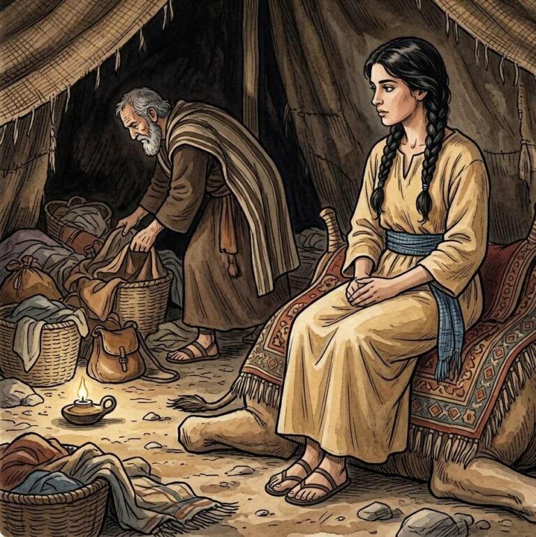 A woman seated on a camel saddle inside a tent while a man searches nearby.