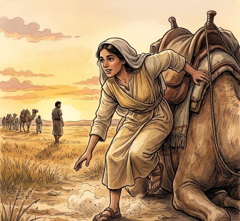 A young woman in a veil sliding off a camel toward a man in a field at sunset.