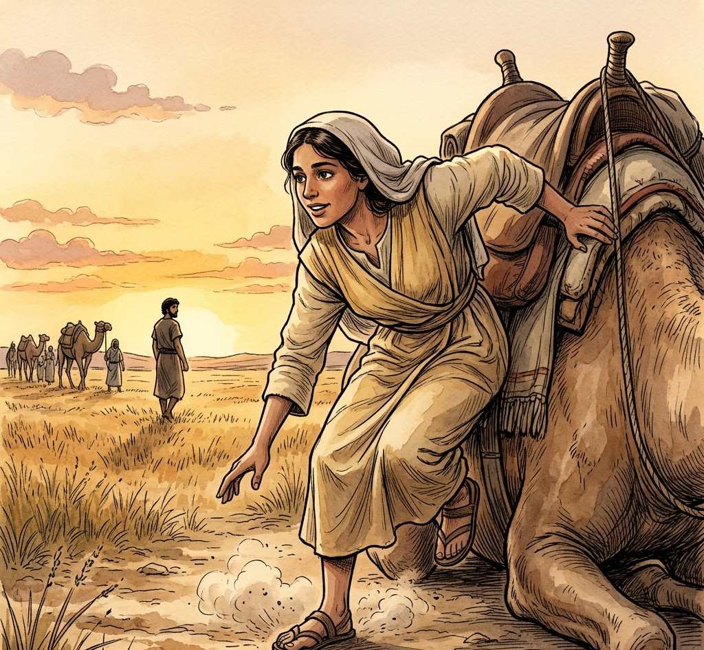 A young woman in a veil sliding off a camel toward a man in a field at sunset.