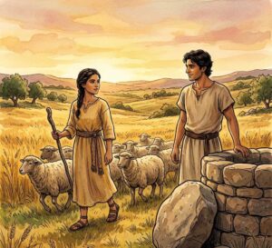 A young woman with sheep approaching a well where a man stands watching her.