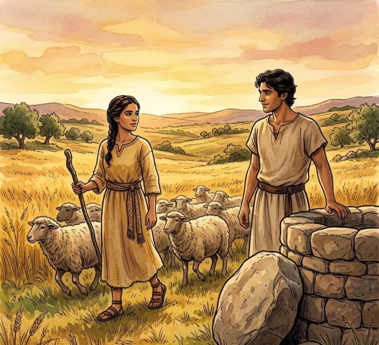 A young woman with sheep approaching a well where a man stands watching her.