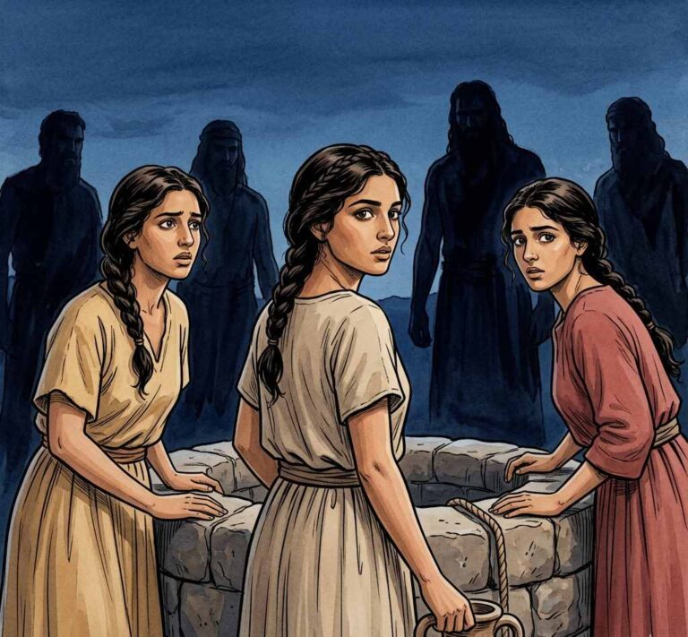 Women standing at a well while tall figures watch from the shadows.