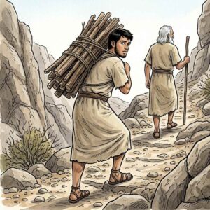 A young man carrying a bundle of wood on his shoulders climbing a rocky mountain path.