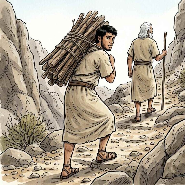 A young man carrying a bundle of wood on his shoulders climbing a rocky mountain path.