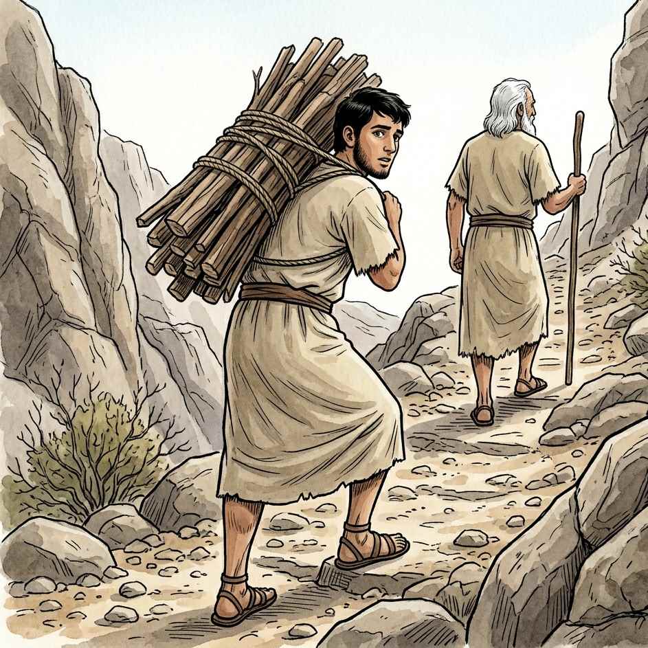 A young man carrying a bundle of wood on his shoulders climbing a rocky mountain path.