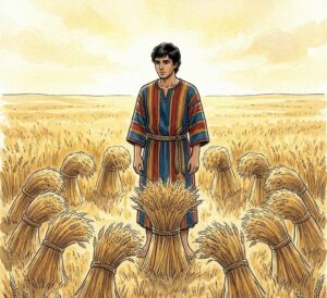 A young man in a colourful coat standing in a field with sheaves of grain bowing around him.