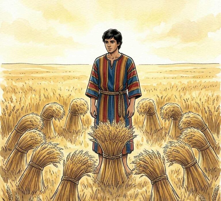 A young man in a colourful coat standing in a field with sheaves of grain bowing around him.