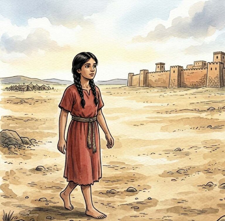 A young woman walking alone toward a walled city in the distance.